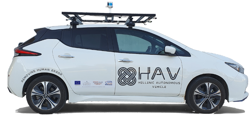 The Hellenic Autonomous Vehicle (HAV) — a white electric car equipped with a roof-mounted sensor suite