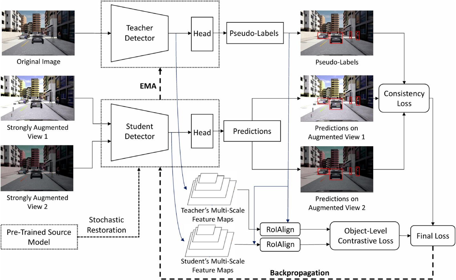 Mean-teacher pipeline: teacher detector yields pseudo-labels, student detector takes two strongly augmented views with EMA update, stochastic restoration from the source model, and object-level contrastive plus consistency losses