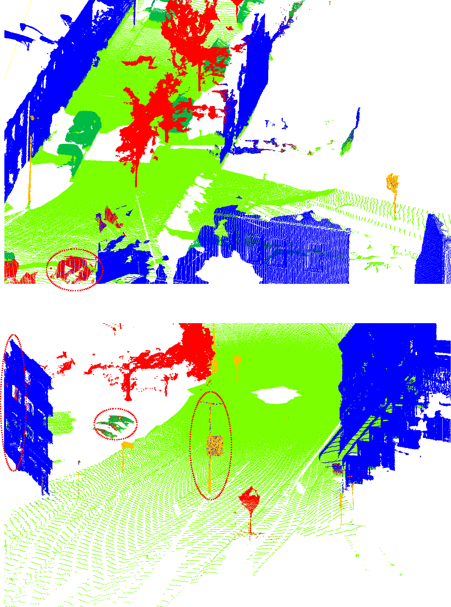 Two LiDAR point-cloud scenes semantically coloured: green ground, blue buildings, red vegetation, orange poles, with highlighted regions