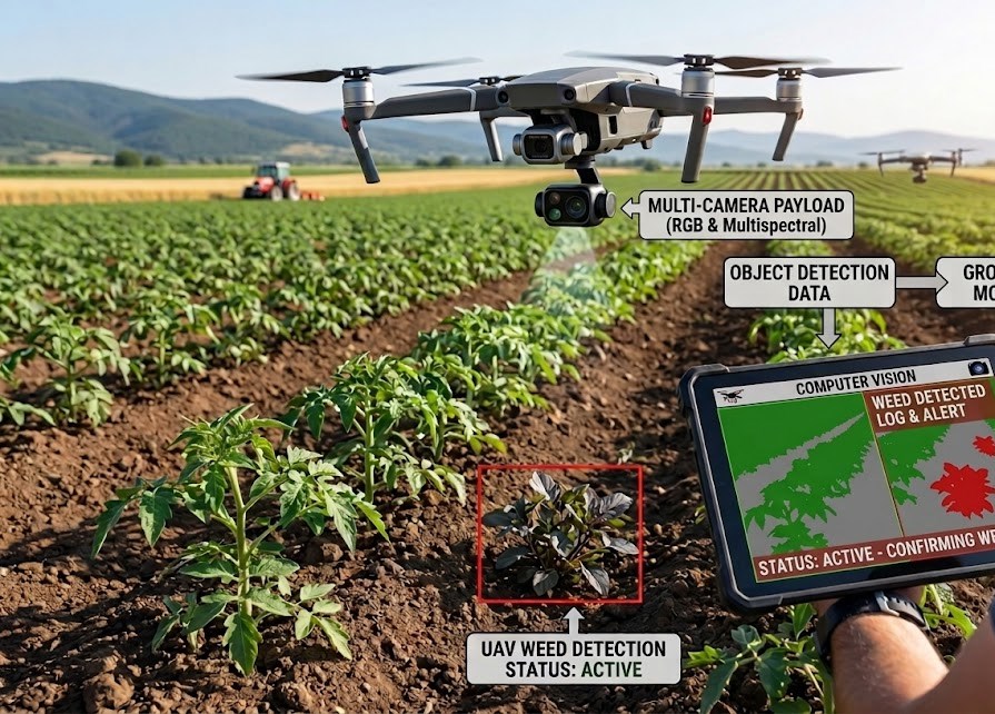 Concept illustration: a UAV with a multi-camera RGB and multispectral payload surveying a crop field while a tablet shows weed detection